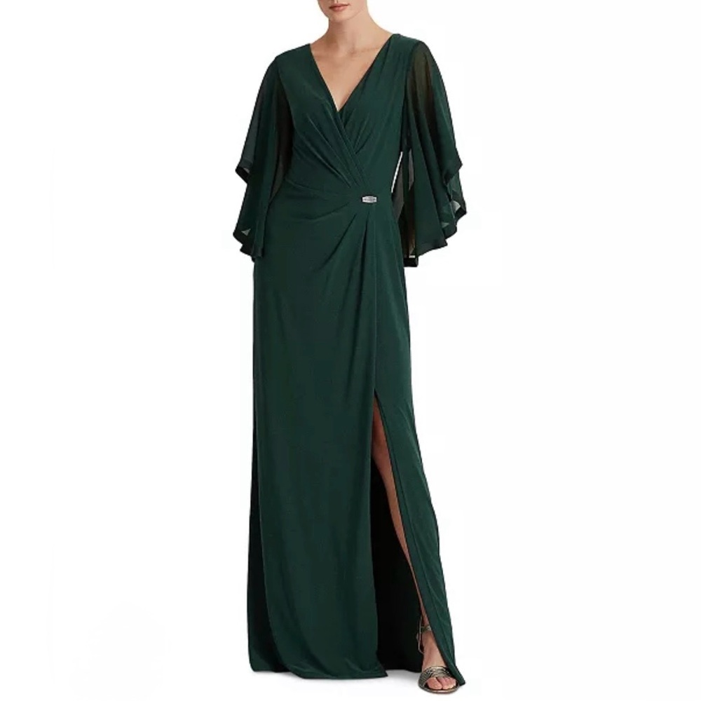 Lauren Ralph Lauren Green Jersey Three-Quarter-Sleeve Evening Gown Size 12
